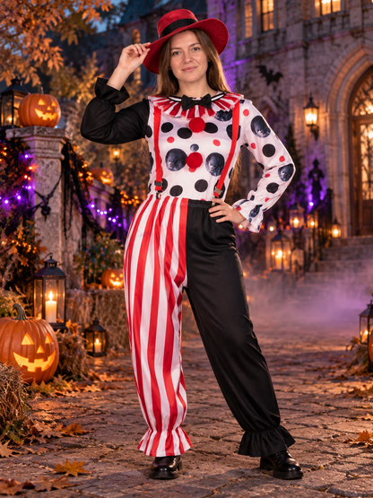 Clown Costume with Red Hat, Suspenders and Pants