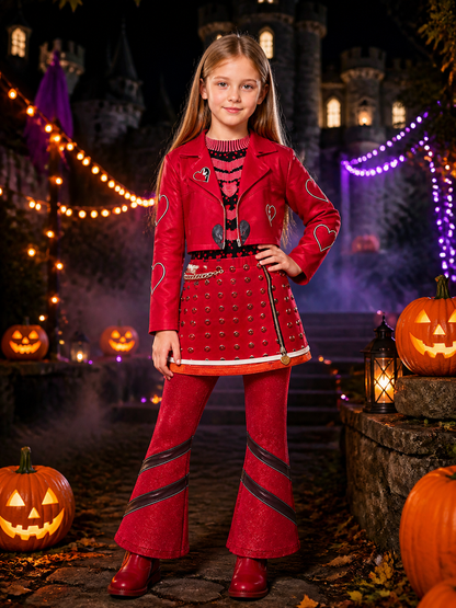 Kids Red Queen Costume Set, Red Heart Print Jacket, Skirt & Pants with Wig Costume Wigs detail 2