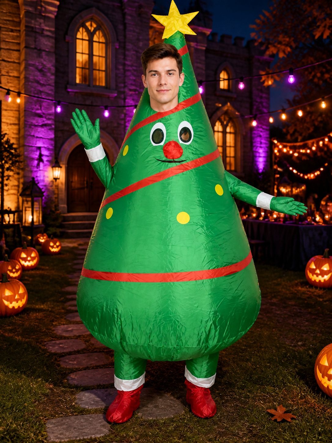 Unisex Christmas Tree Costume, Cartoon Face with Star Topper, Green Party Outfit Costumes detail 2