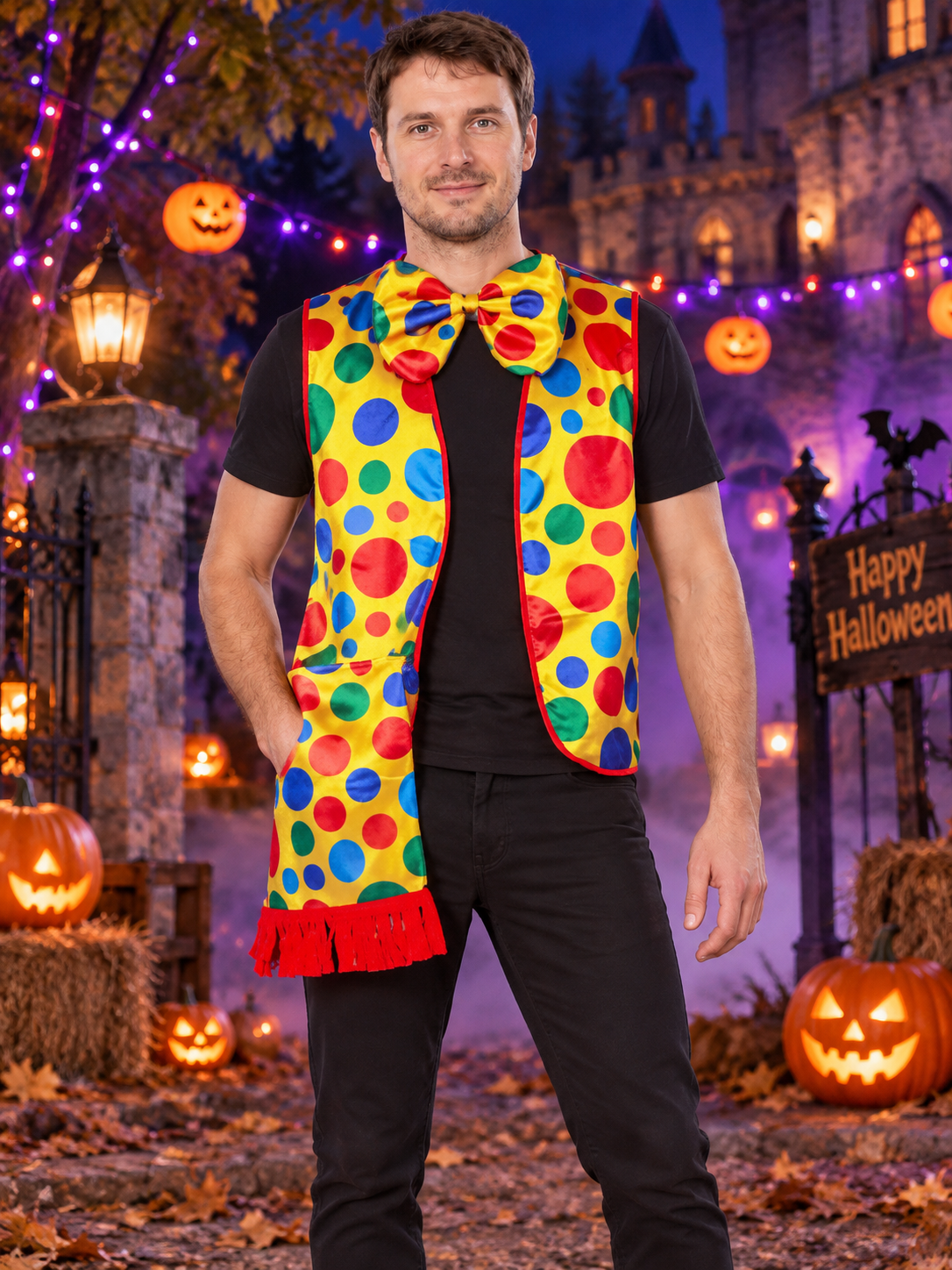 Yellow Clown Vest with Polka Dots and Bow Tie