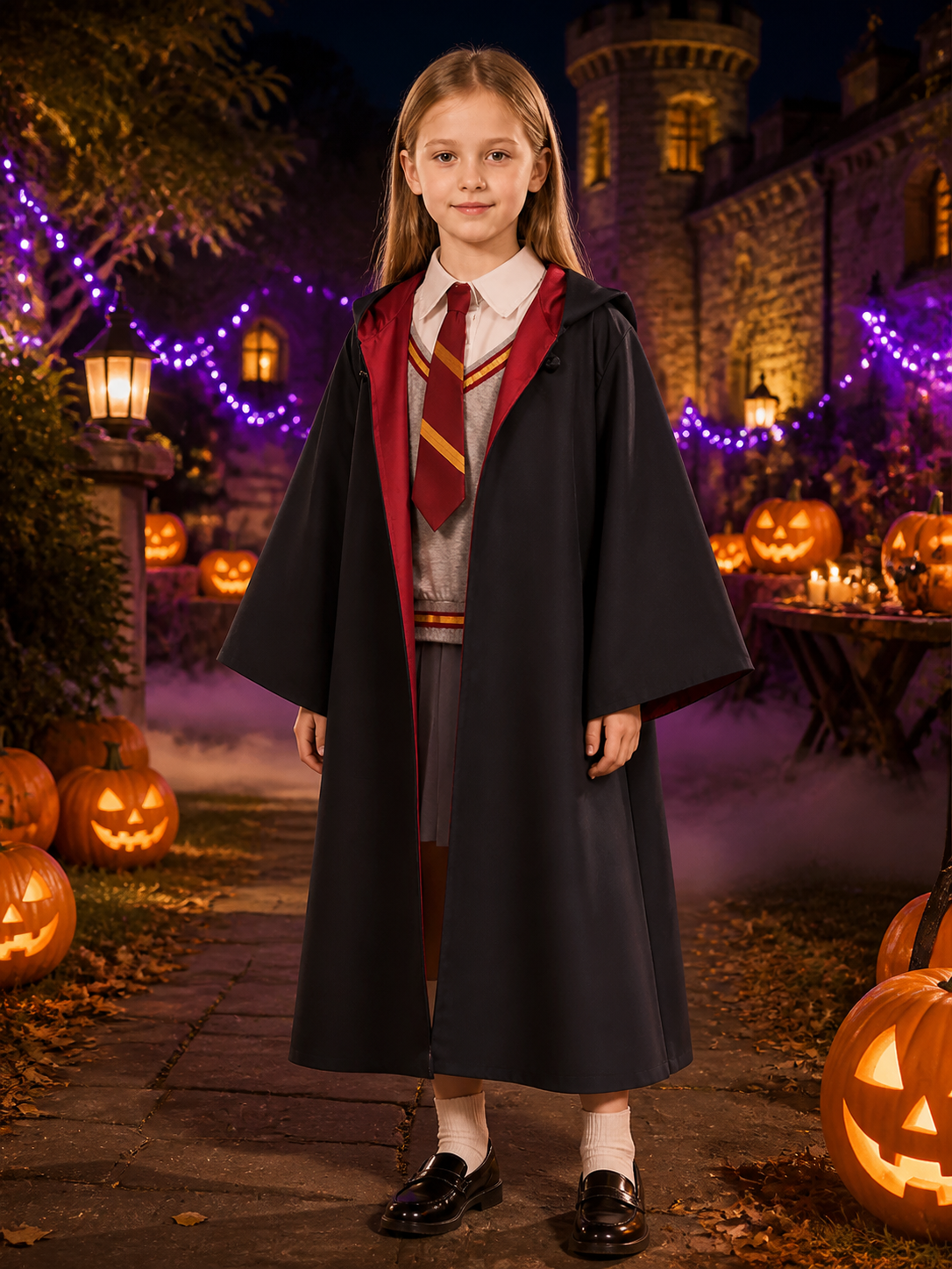 Girls Magic Academy Wizard Robe Costume, Black Hooded Cloak with Red Gold Tie Costume Capes detail 2