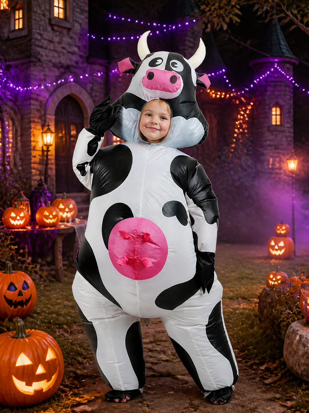 Kids Inflatable Cow Costume Bodysuit with Horned Hood, Black and White Spotted Costumes detail 2