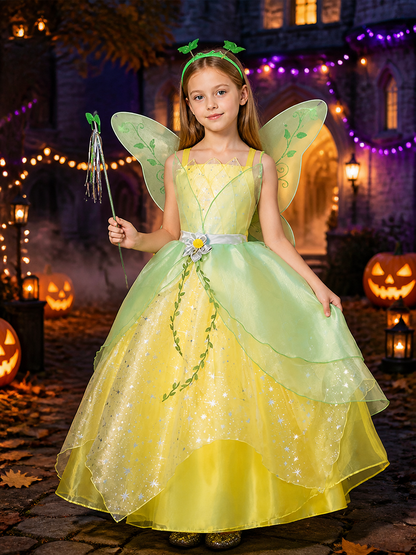 Girls Sparkle Princess Costume Dress with Green Vine Trim, Translucent Layered Costume Dresses detail 2