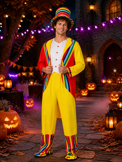 Adult Circus Clown Costume Set - Rainbow Stripe Tuxedo with Hat (4 Pieces) for Costume Headwear detail 2