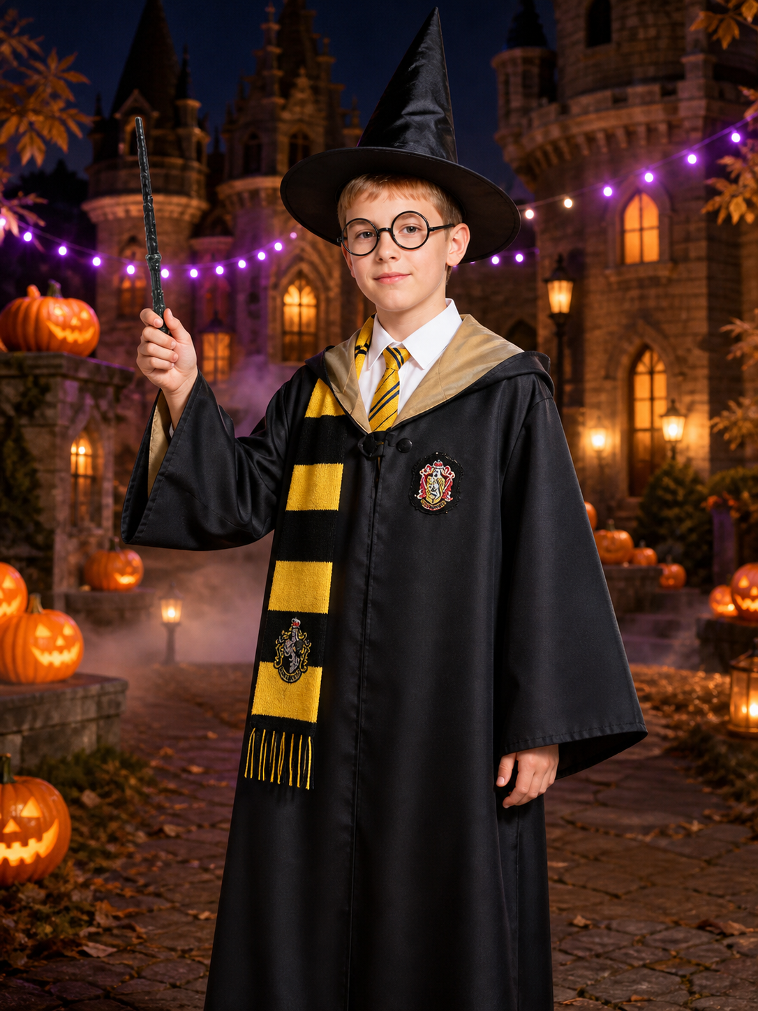 Kids' Wizard Costume Set, Black & Gold Robe with Hat, Scarf, Glasses and Wand Costume Headwear detail 2