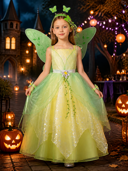 Girls Fairy Princess Costume Dress, Green Layered Tutu with Wings and Flower