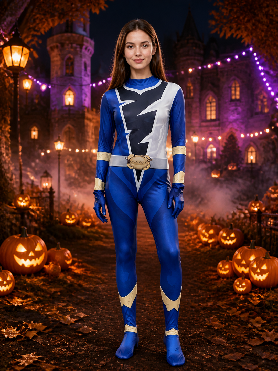 Blue Dragon Ranger Full Body Costume with Lightning Print, Hooded Jumpsuit on-model Halloween scene view