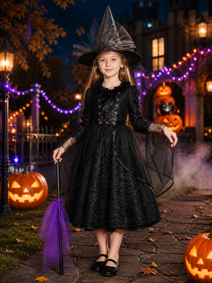 Black Gothic Witch Costume Set with Dress and Hat, Mesh Trim, Halloween Outfit
