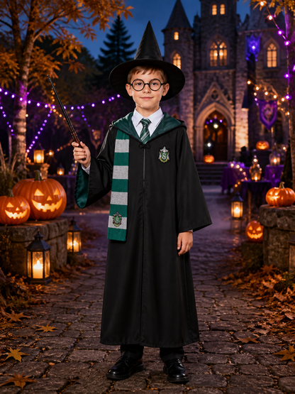 Green And Black Hooded Wizard Robe Costume Set With Hat, Glasses, Tie, Scarf And Costume Headwear detail 2