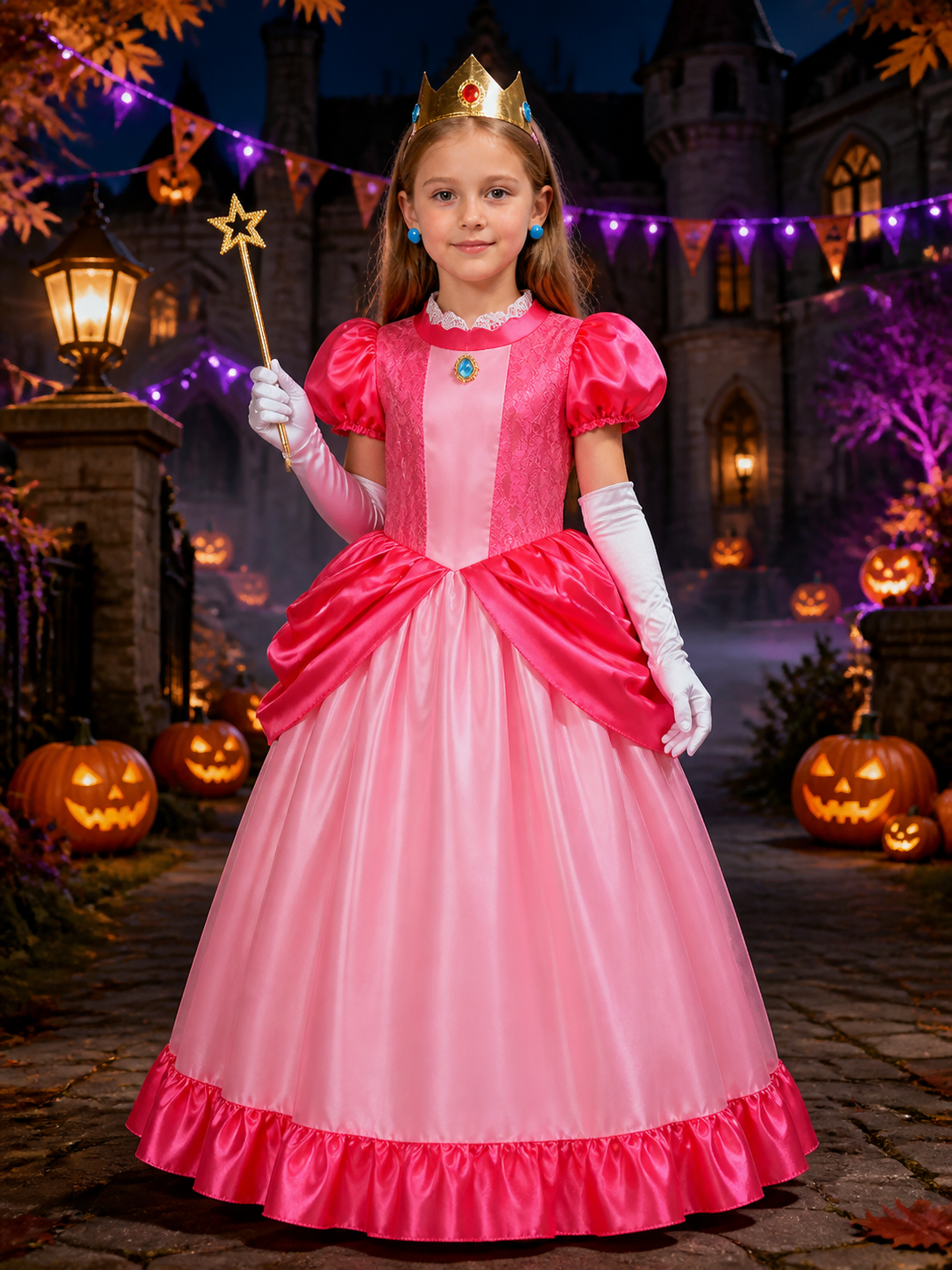 Girls Princess Costume Set with Crown and Wand, Pink Lace Ball Gown for Costume Dresses detail 2