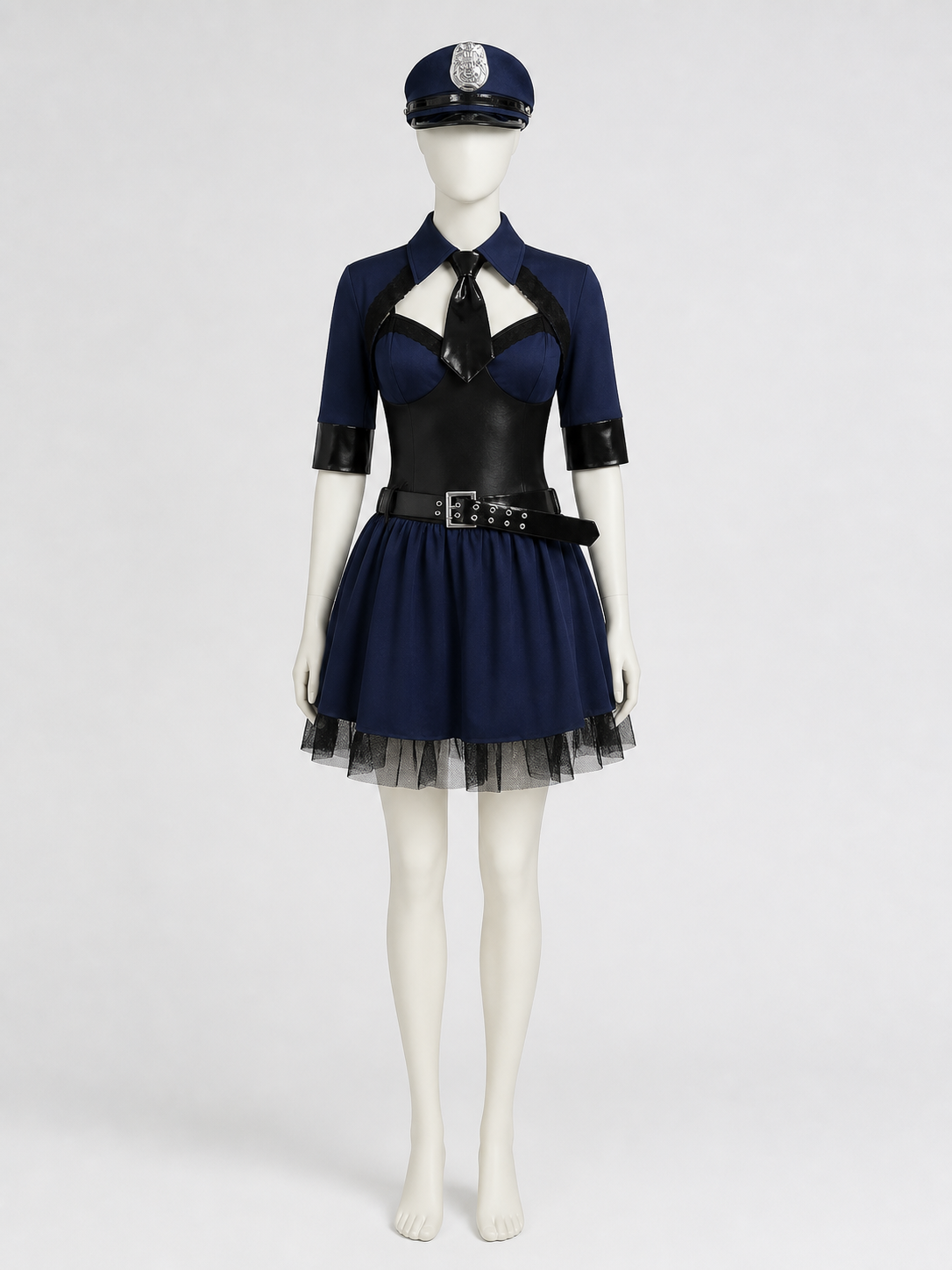 Women's Police Costume Set with Dress, Jacket, Belt, Hat & Tie, Sexy Halloween on-model Halloween scene view