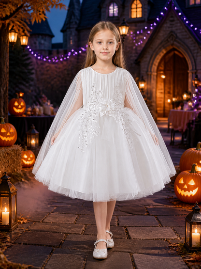 Girls' White Princess Dress, Long Sleeve Tulle Flower Girl Party Outfit Costume Dresses detail 2