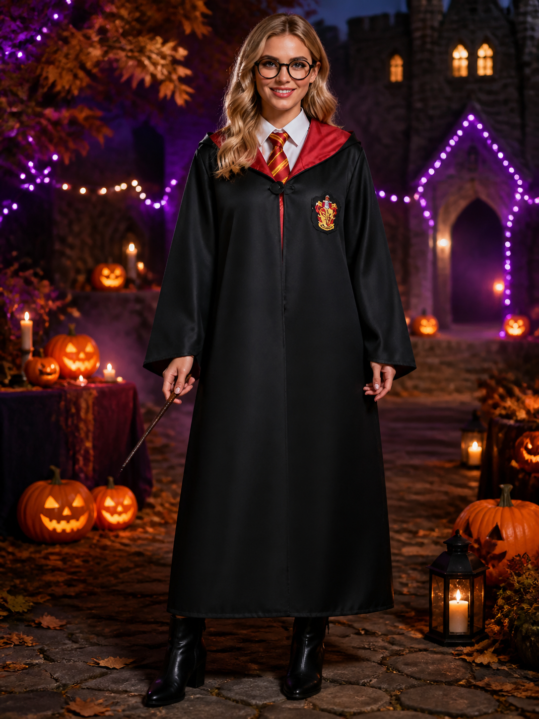 Wizard Halloween Costume Set With Hooded Robe, Scarf, Tie, Glasses, Wand & Hat Costume Headwear detail 2