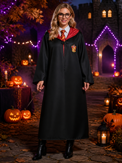 Wizard Halloween Costume Set With Hooded Robe, Scarf, Tie, Glasses, Wand & Hat Costume Headwear detail 2