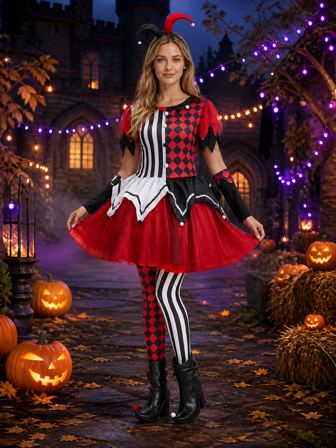 Women's Red Black White Clown Circus Dress Costume, Balloon Accent Tutu Skirt on-model Halloween scene view