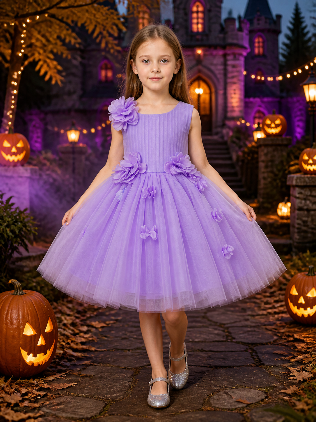 Girls' Lavender Princess Dress, Layered Tulle 3D Floral Flower Girl Outfit Costume Dresses detail 2
