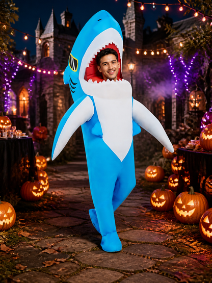 Unisex Shark Costume Jumpsuit, Inflatable Halloween Funny Outfit with Fins and