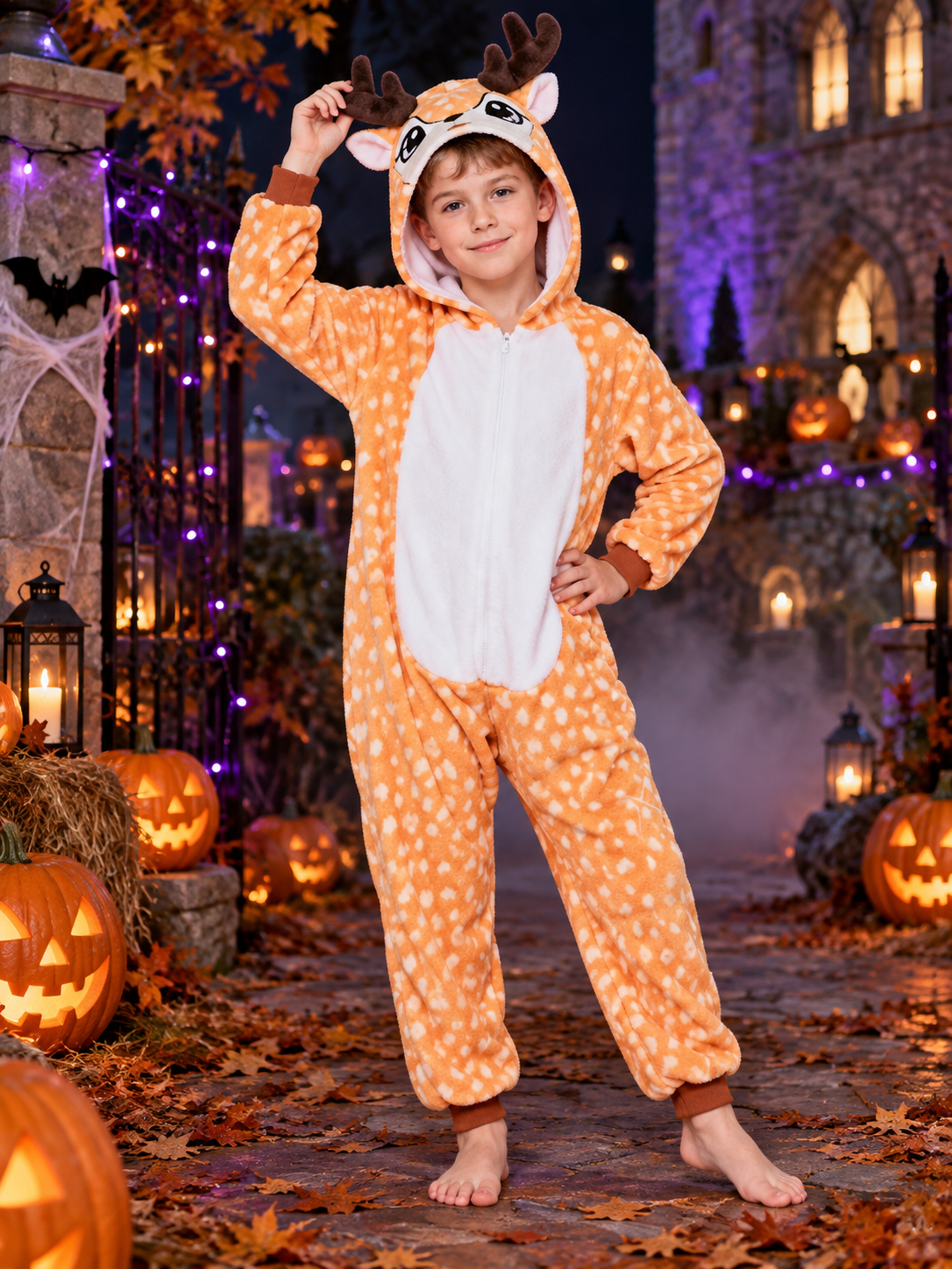 Orange Fleece Pajama Jumpsuit with Hood and Ears