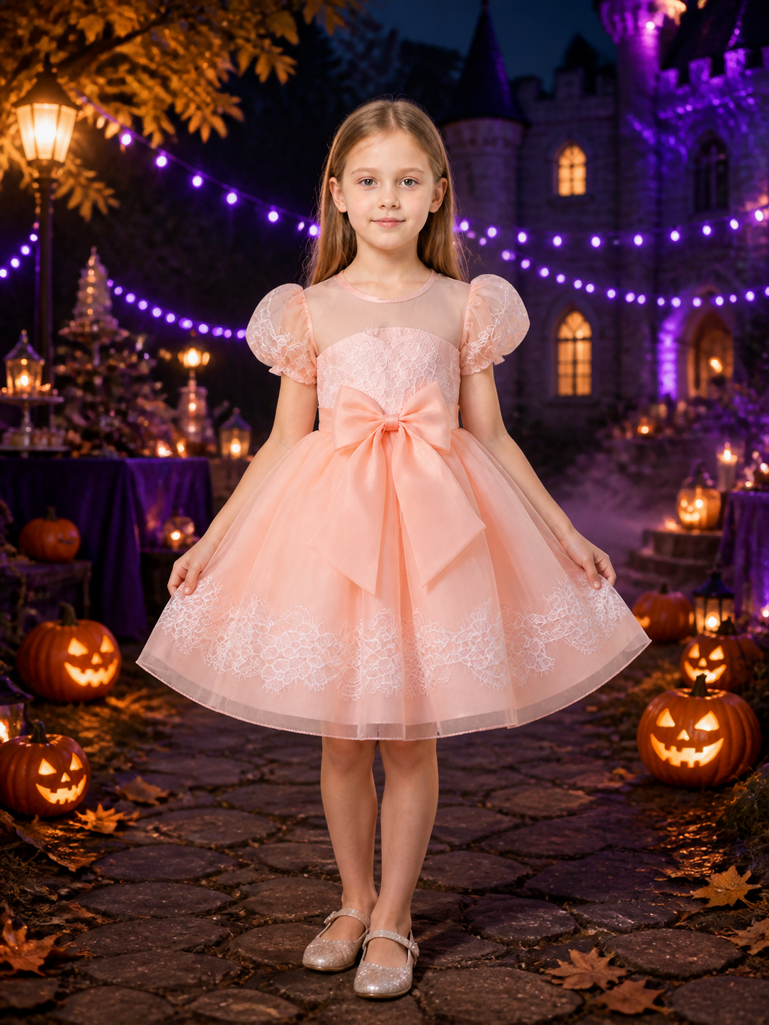 Girls' Pink Princess Dress with Lace Trim, Large Bow, and Puff Sleeves Costume Dresses detail 2