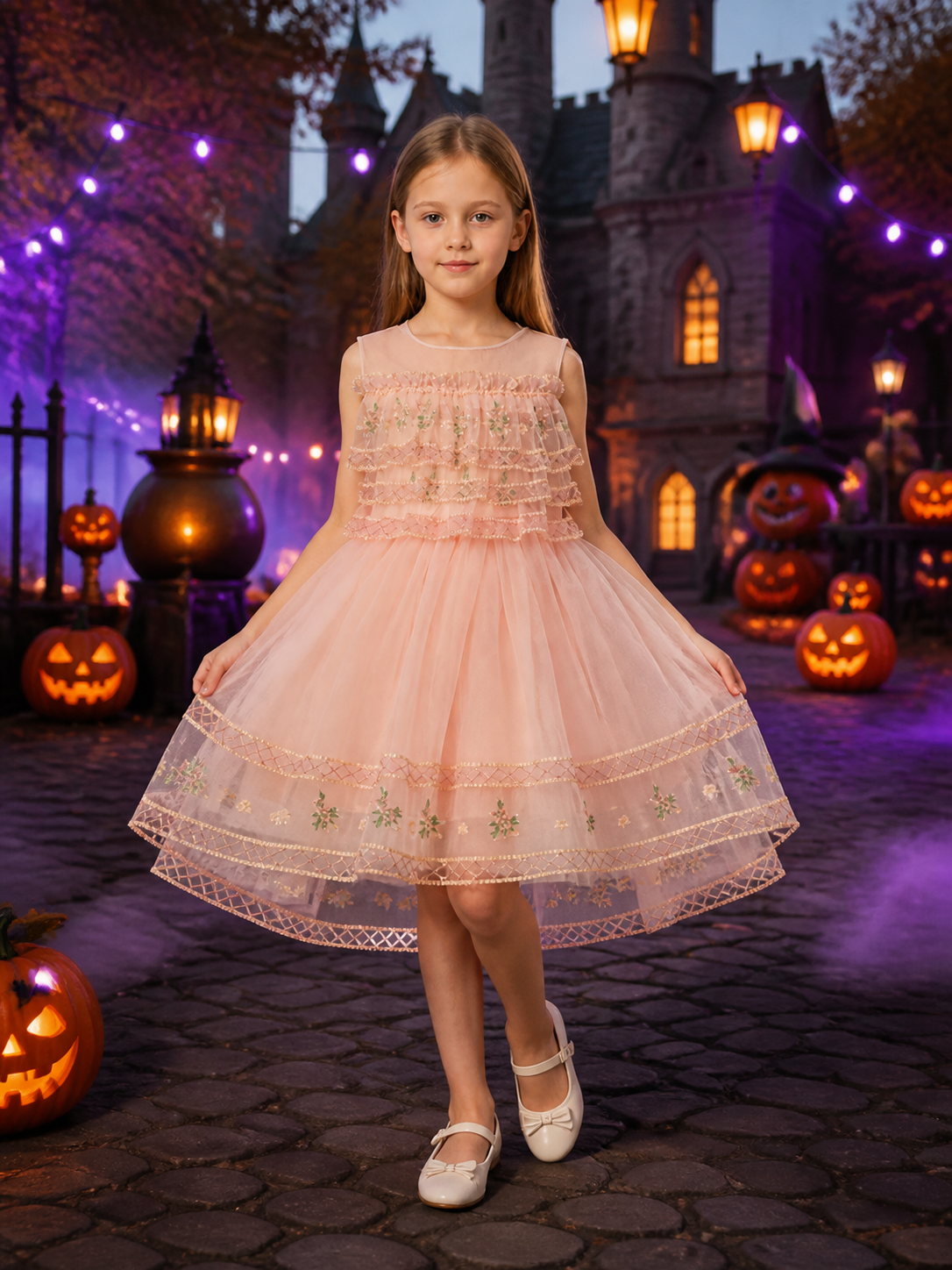 Girls' Pink Princess Party Dress with Floral Pattern and Gold Trim Costume Dresses detail 2