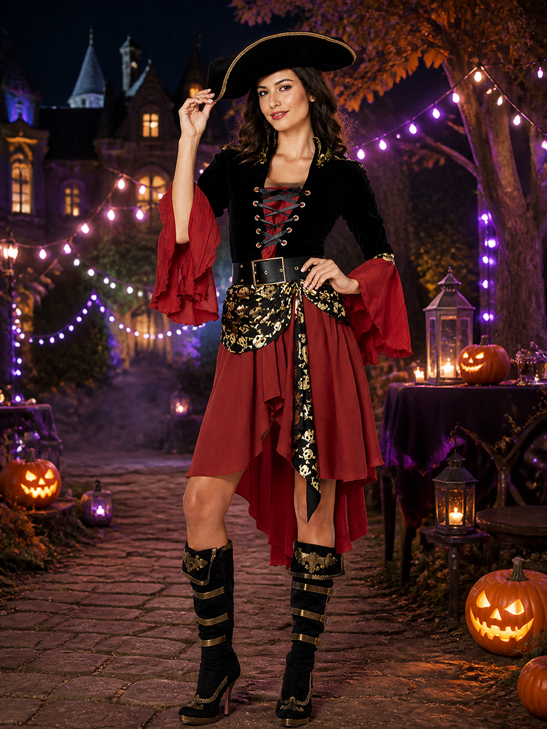 Women's Pirate Costume Dress Set, Red Black Gold, Lace-Up, Hat and Belt Costume Dresses detail 2