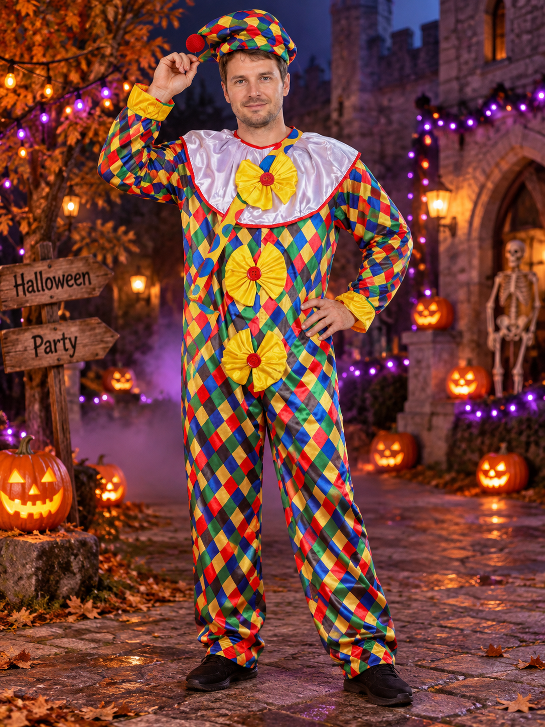 Velour Clown Costume with Yellow Bows and Hat