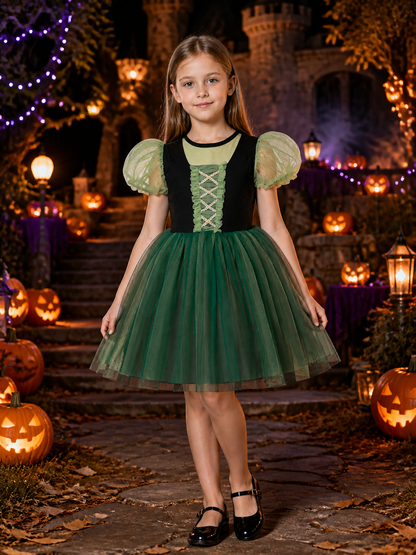 Girls' Dark Green Princess Dress, Puff Sleeves and Layered Full Skirt Costume Costume Dresses detail 2