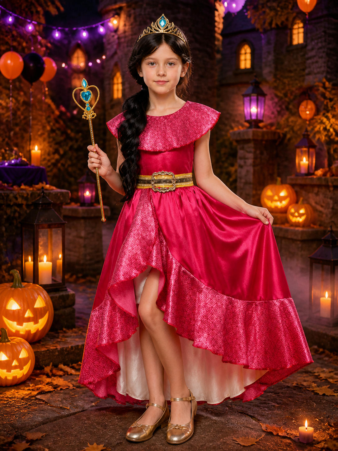 Girls Princess Halloween Costume Set with Dress, Crown, Wig and Magic Wand Costume Dresses detail 2