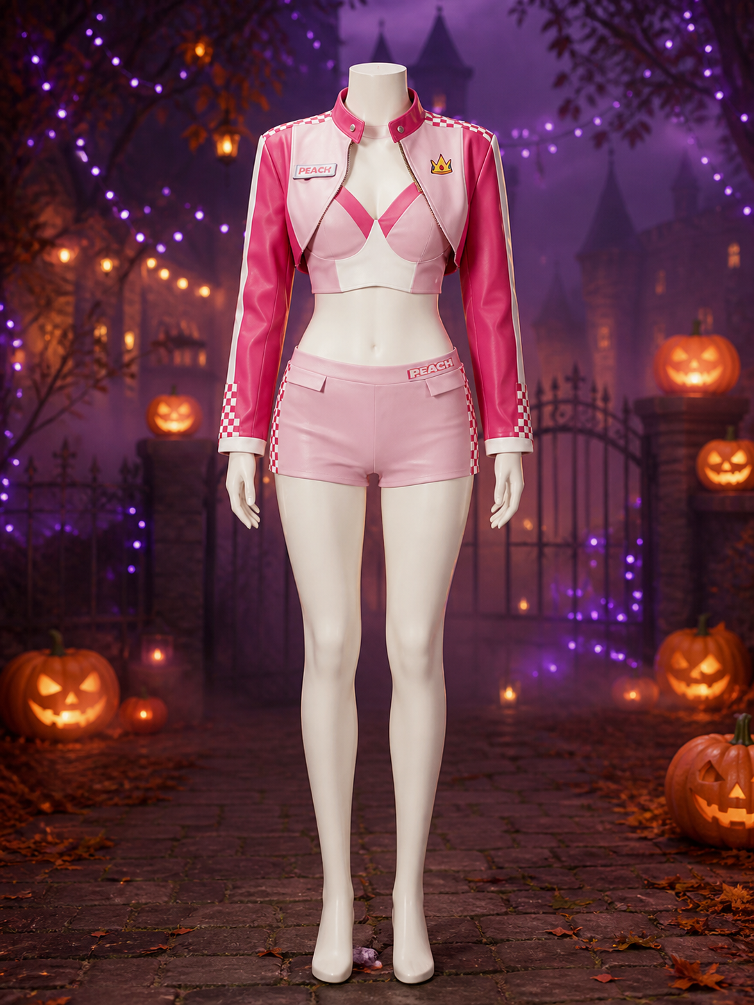 Women's Princess Peach Checkered Racing Suit Cosplay Costume Set on-model Halloween scene view
