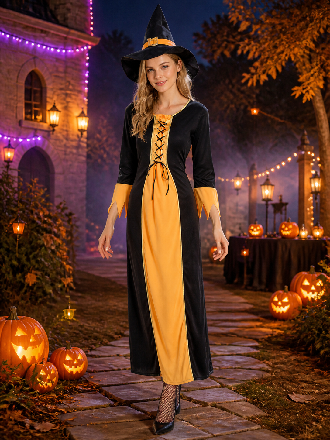 Witch Costume with Long Dress and Hat for Halloween