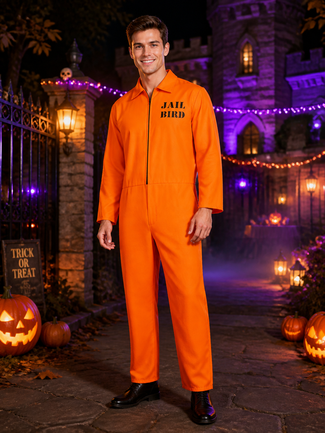 Orange Prisoner Jumpsuit Costume, Zip-Front Long-Sleeve Jailbird Cosplay Outfit