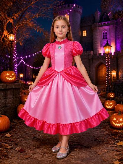 Kids Pink Princess Halloween Costume Dress, Lace Ball Gown with Ruffles Costume Dresses detail 2