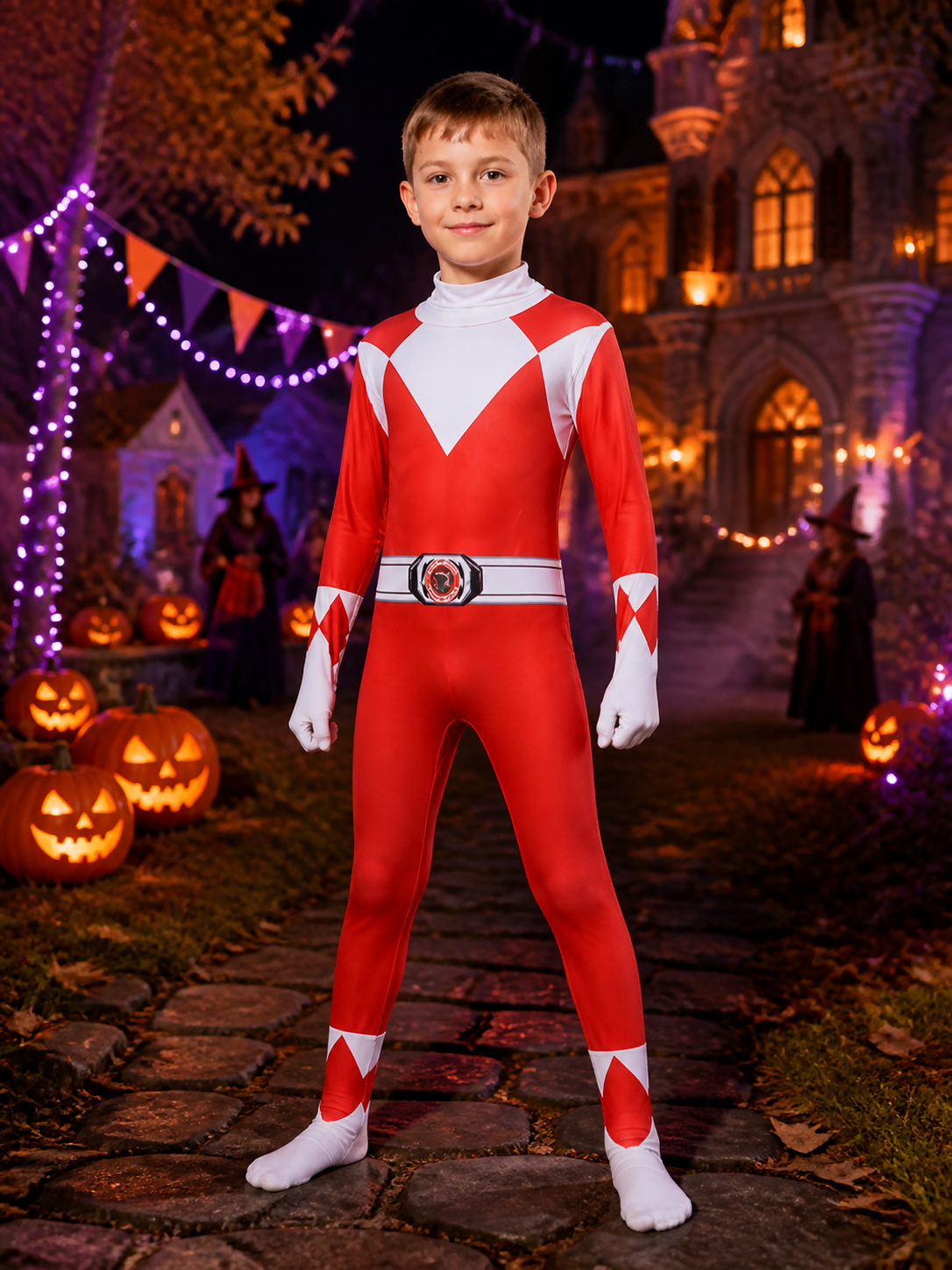 Red White Black Dragon Knight Bodysuit Costume with Hooded Mask and Diamond on-model Halloween scene view