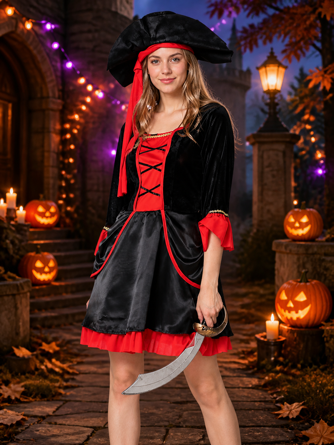 Women's Pirate Costume Set, Black and Red Dress with Hat, Cross Lace Up for Costume Dresses detail 2