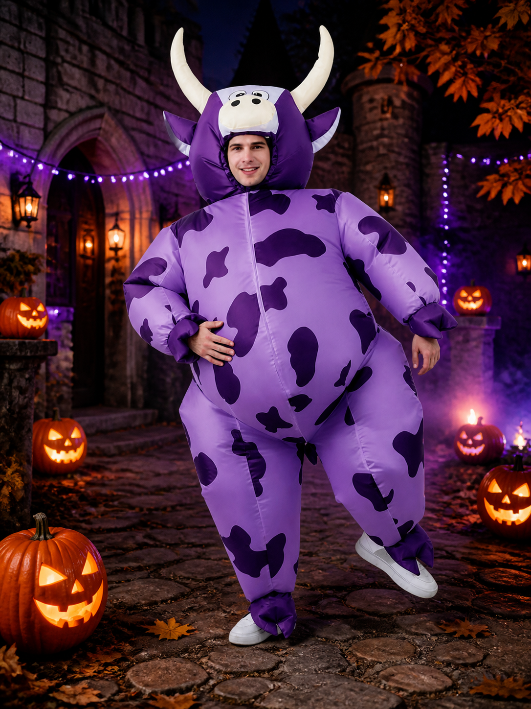 Purple Cow Onesie Costume, Hooded Animal Jumpsuit with Horns for Halloween Costumes detail 2