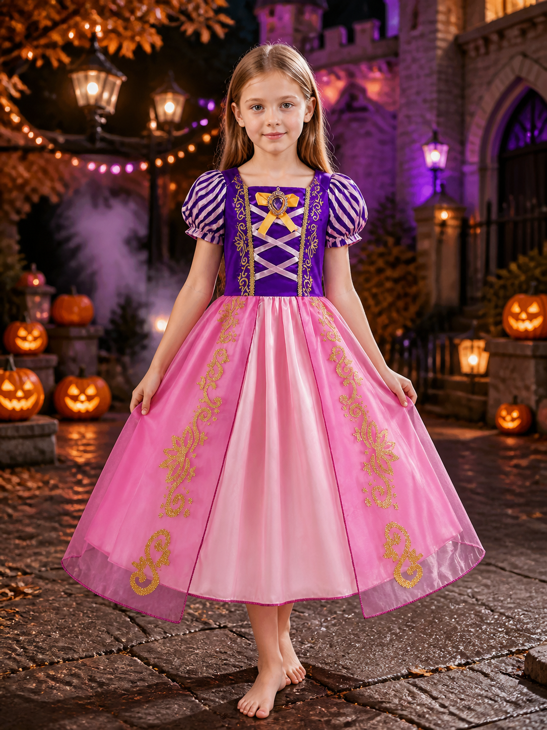 Girls Princess Costume Dress With Purple Bodice And Puffy Pink Skirt - Halloween Costume Dresses detail 2