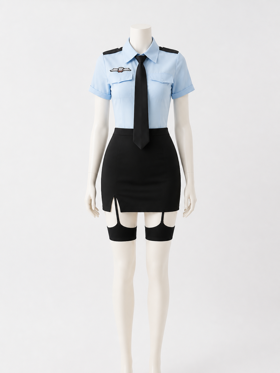 Women's Police Officer Cosplay Costume Set, Light Blue Top with Black Tie and Costumes detail 2