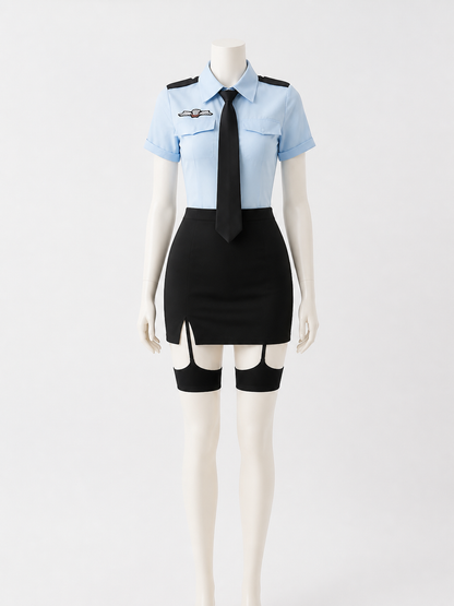 Women's Police Officer Cosplay Costume Set, Light Blue Top with Black Tie and Costumes detail 2