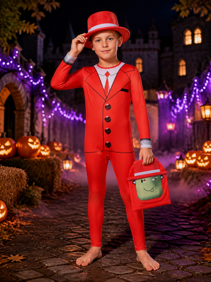 Kids Roblox Concierge Costume Jumpsuit with Hat, Red Print Halloween Outfit on-model Halloween scene view