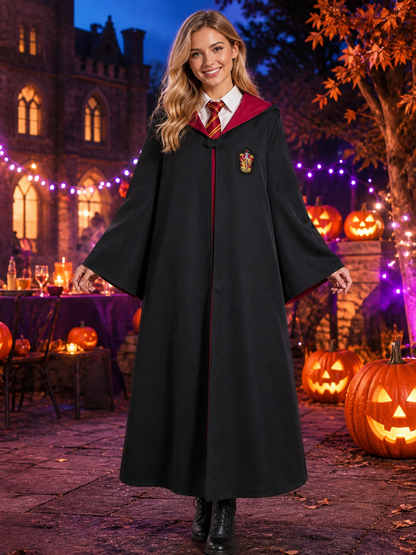 Gryffindor Wizard Robe Costume Set, Black Hooded Cape with Red & Gold Tie