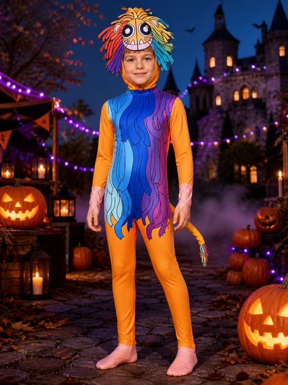 Yarnaby Cosplay Bodysuit Costume, Multi-Color Mane Print with Mask and Tail on-model Halloween scene view