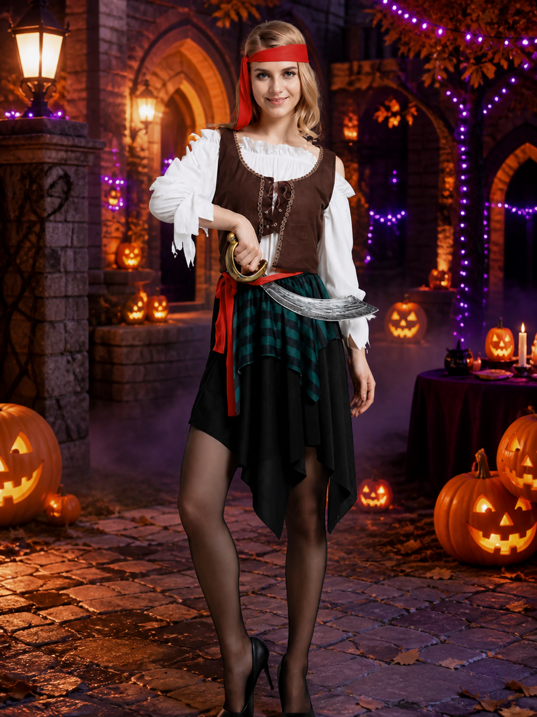 Adult Pirate Costume Set with Layered Skirt, Vest, Headband and Belt Costume Headwear detail 2