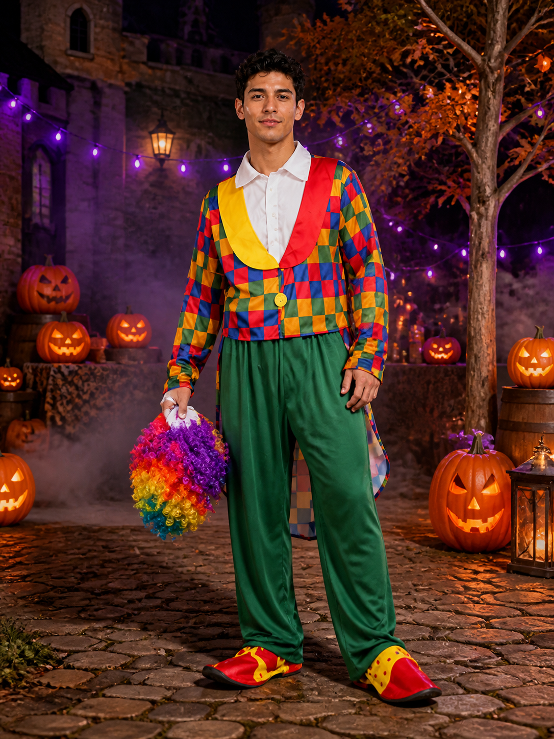 Adult Unisex Clown Circus Costume Set with Colorful Diamond Print and White Costumes detail 2