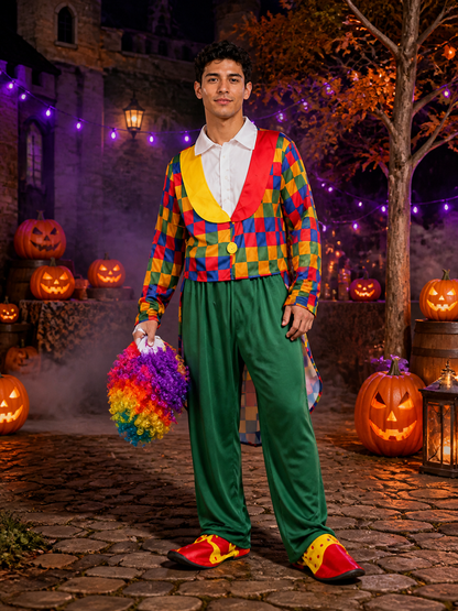Adult Unisex Clown Circus Costume Set with Colorful Diamond Print and White Costumes detail 2