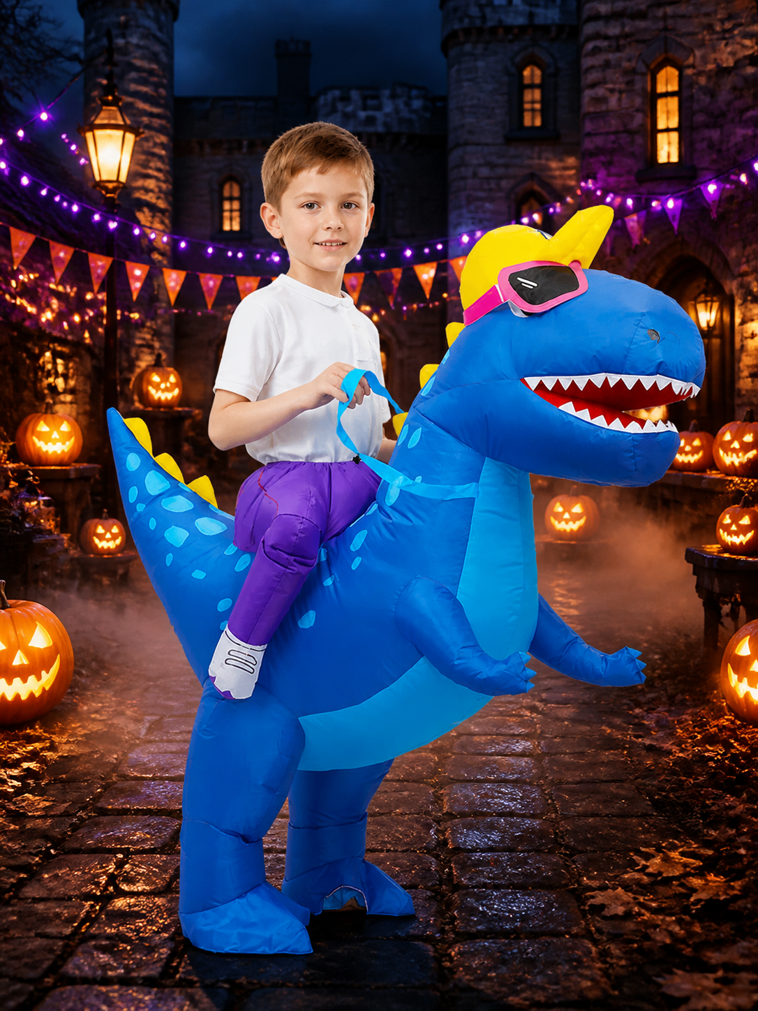 Inflatable Blue Dinosaur Costume with Pink Goggles, Halloween Party Outfit