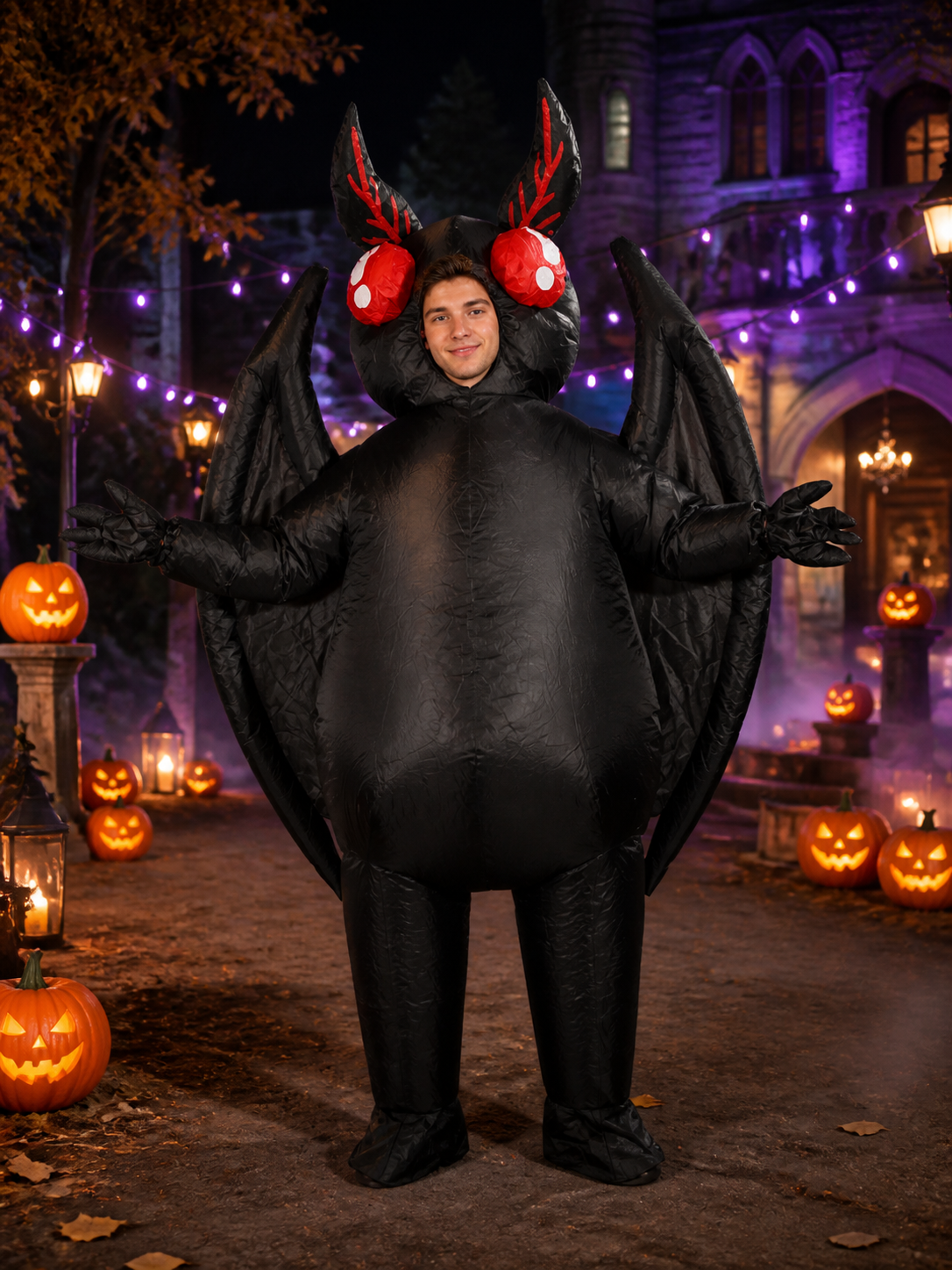 Black Bat Hooded Bodysuit Costume with Wings and Red Eyes - Unisex Halloween Costumes detail 2
