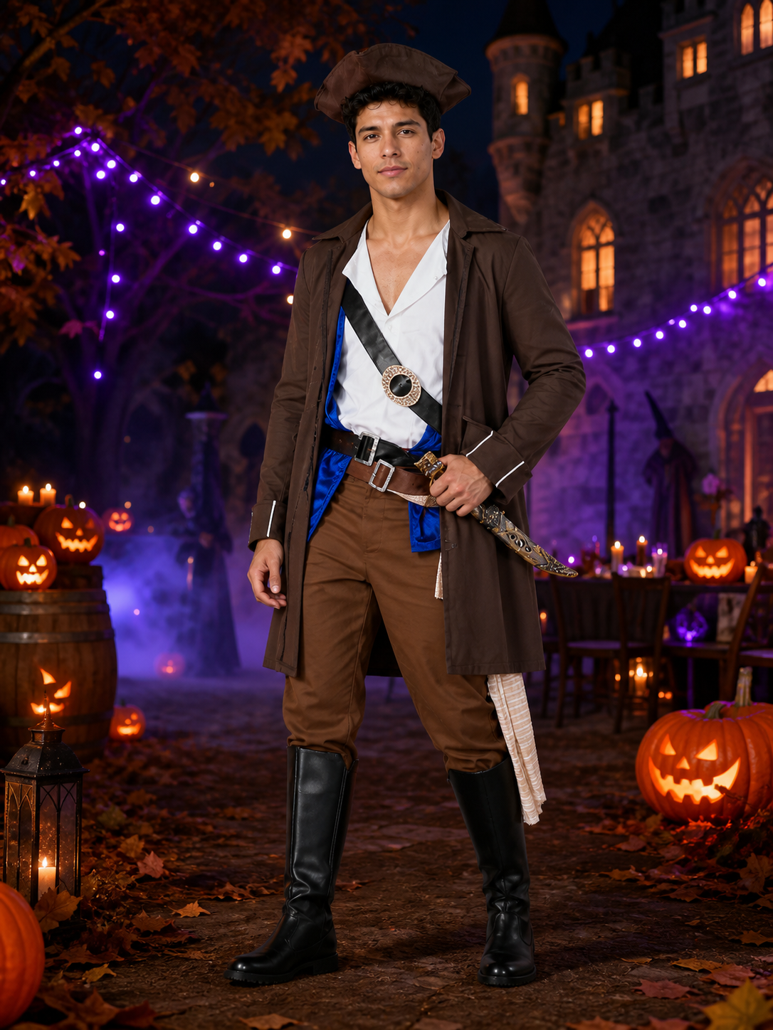 Adult Pirate Costume Set with Long Coat, Vest, Shirt, Hat, Belts, Pants and Boot Costume Headwear detail 2