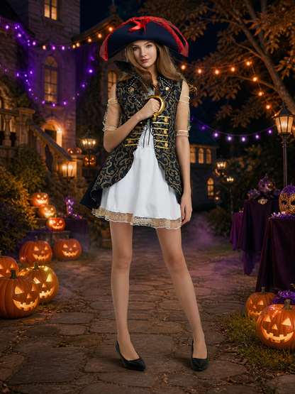 Adult Pirate Halloween Costume Set, 3 Piece with Black Hat, White Dress & Jacket Costume Dresses detail 2