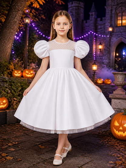 Girls' White Princess Dress With Puff Sleeves And Pleated Full Skirt Costume Dresses detail 2