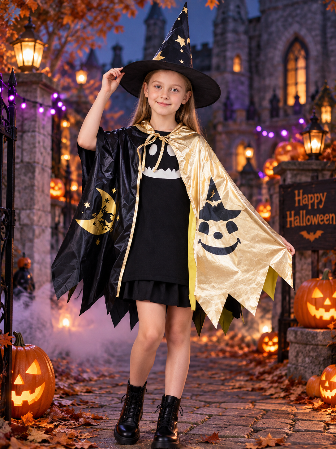 Kids' Halloween Costume with Black and Gold Cape, Hat